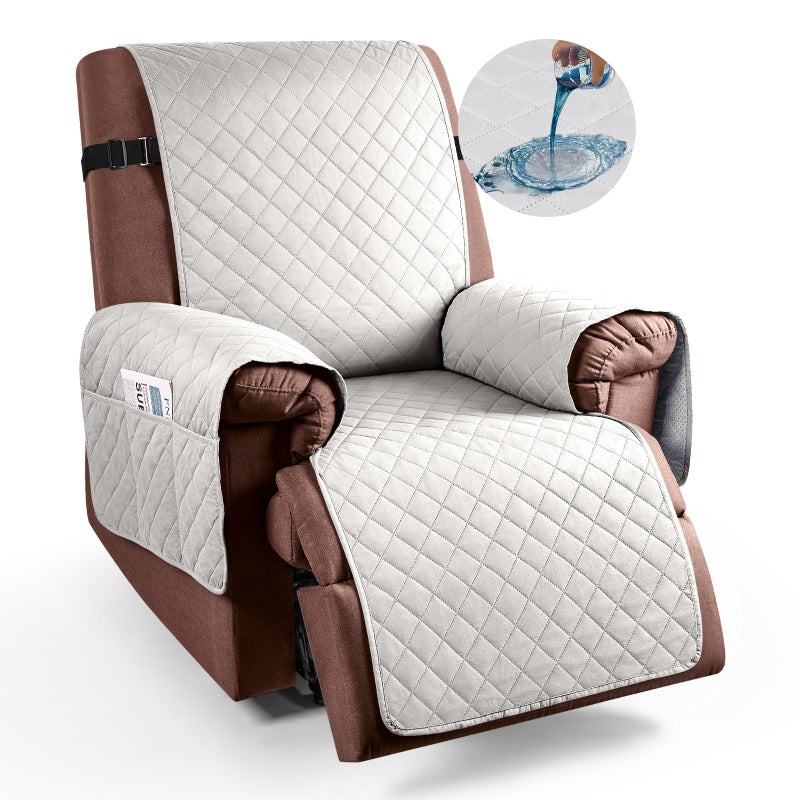 KinCam 100% Waterproof Recliner Chair Cover  Reclining Couch Covers for Pets  Dogs  Recliner Couch Slipcover Furniture Protector with Elastic Straps for Kids(23.6""  Beige White) - Image 1